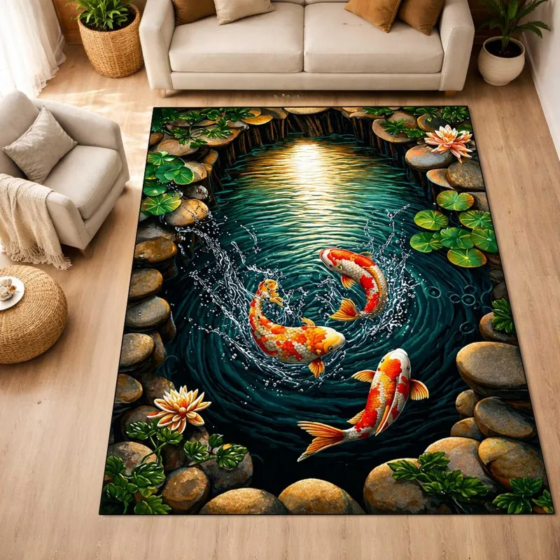 2D Realistic Koi Fish Area Rug Splashing Pond Water Lotus Leaf Carpet For Living Room Chinese Style