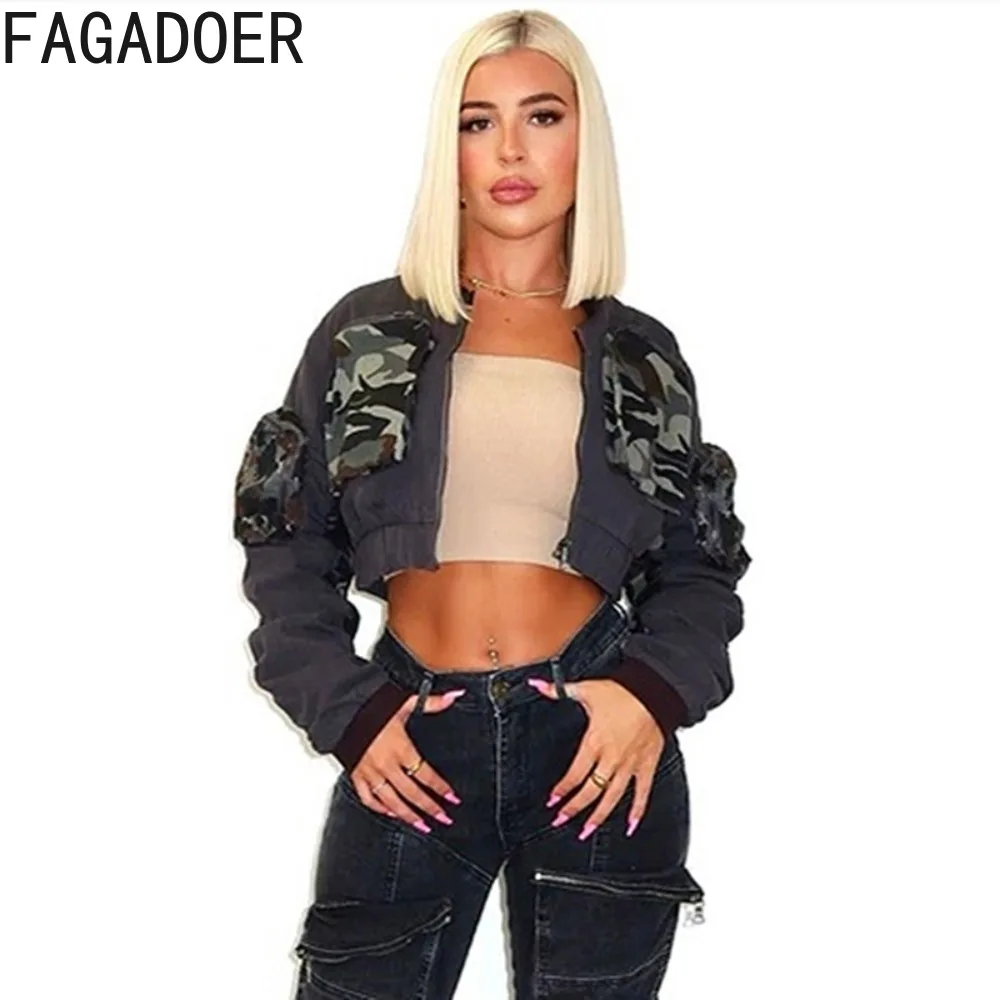 

FAGADOER Autumn Camouflage Patchwork Crop Top Fashion Women Zipper Ruched Long Sleeve Short Jacket Female Cargo Matching Coats