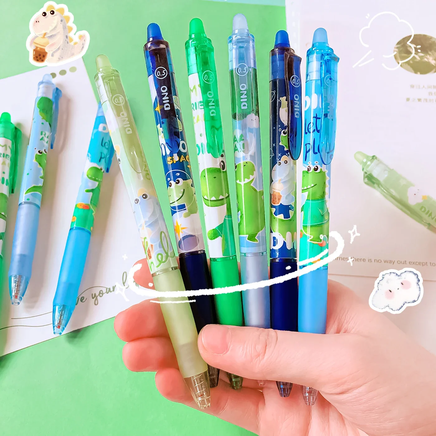 Imagem -05 - Tinta Azul Apagáveis Gel Canetas Canetas Esferográficas Dinossauros Bonitos Material Escolar e de Escritório Papelaria Kawaii Estudantes Estéticos Presente