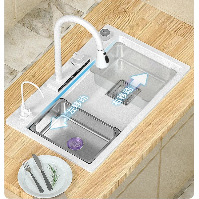 Feiyu Waterfall Quartz Stone Sink White Large Single Sink Kitchen Vegetable Washing Basin