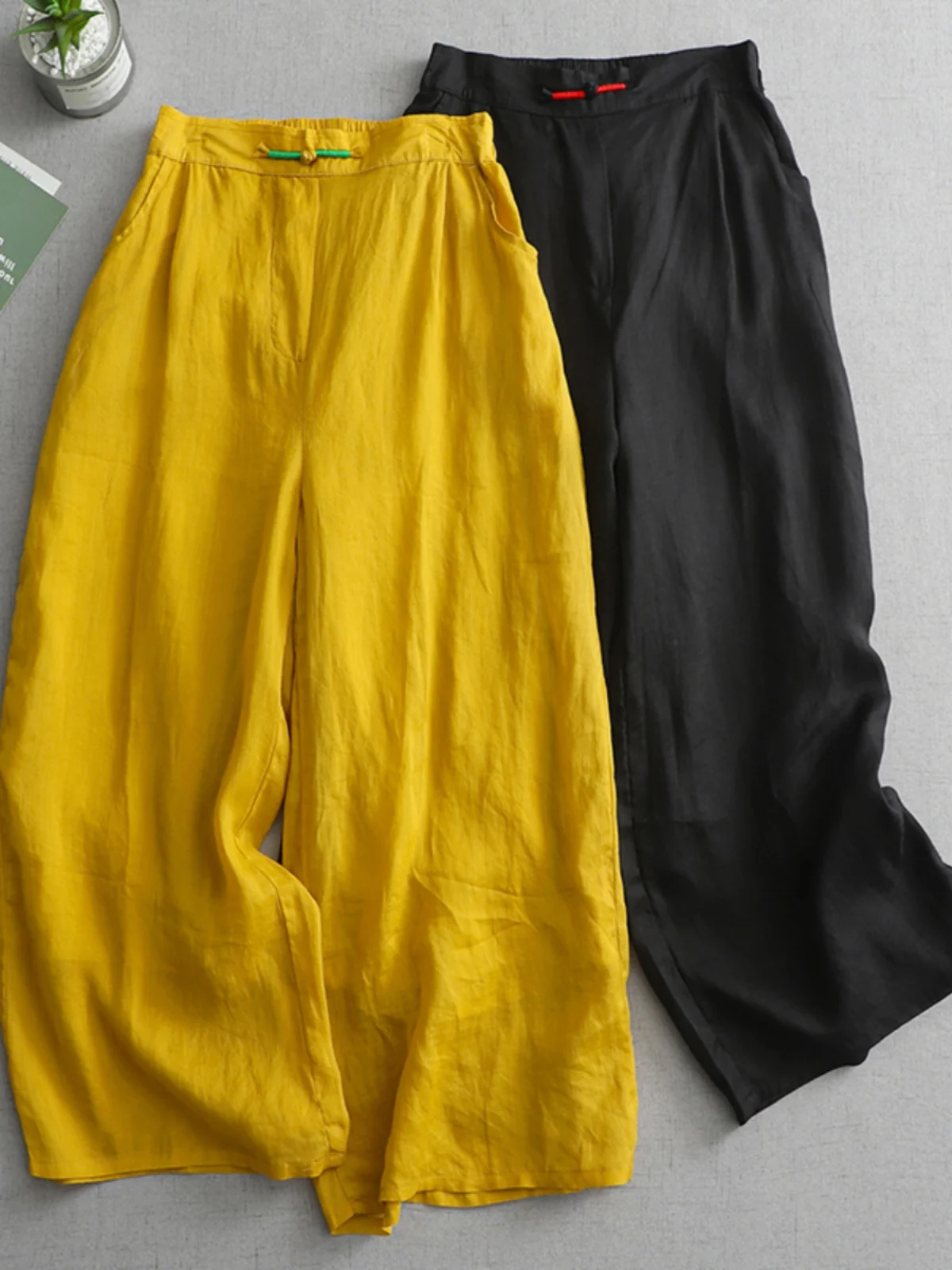 

Этнические широкие брюки прямого кроя, льняные винтажные повседневные двухслойные брюки с девятью футами, большие размеры, летние женские брюки