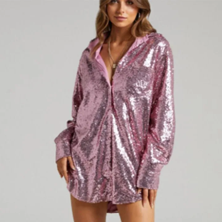 2025 New Fashion Commuter Style Cardigan Long-sleeved Sequined Women's Shirt Dress