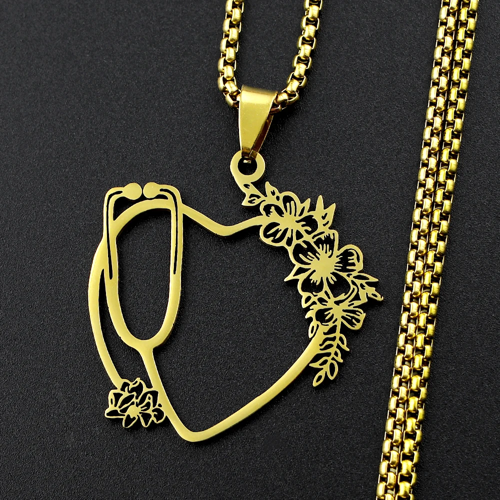 Stethoscope Love Flower Pendant Necklace For Women Men Stainless Steel Silver Color Nurses Day Heart Chain Jewelry Gifts