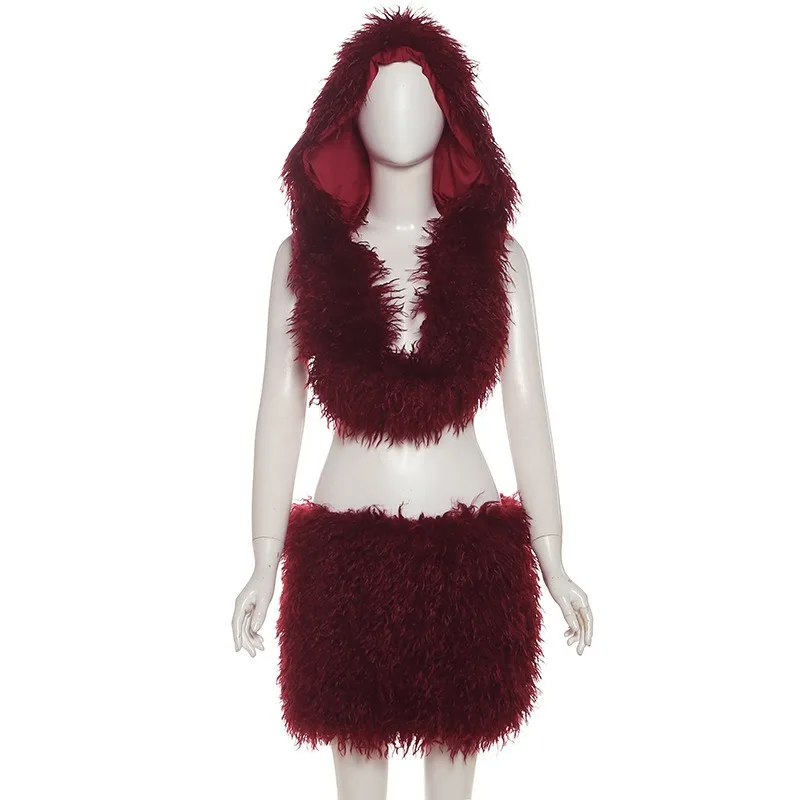 

2025 Autumn Solid Furry Slim 2 Piece Set Women Swinging Collar Sleeveless Hooded Crop Top Hip Wrapped Mini Skirt Street Clubwear