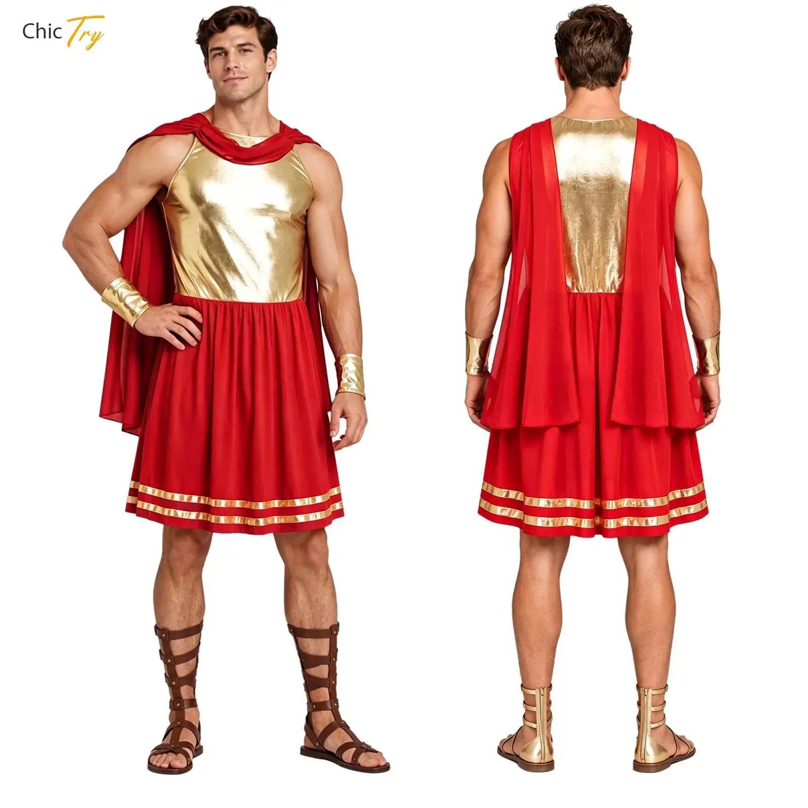 Halloween Gladiator Cosplay Costume Men Ancient Greek God Toga Dress And Wristbands Chiffon Metallic Shiny Roman King Robe Suits