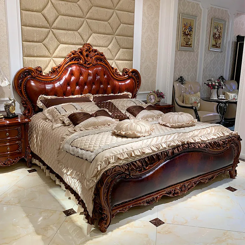 Brown Normal Double Bed Luxury Designs European Wooden Princess Double Bed Modern Style Lounge Letto Matrimoniale Furniture Home