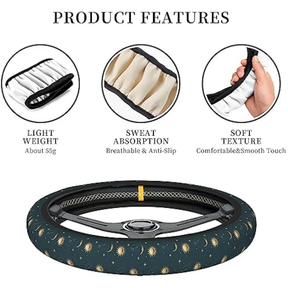 Car Steering Wheel Cover Universal 15 Inch Vintage Sun and Moon Steering Wheel Protector Car Accessories Decor for Men Women