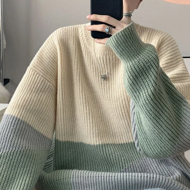 New Autumn/Winter Fashion Art Style Contrast Color Round Neck Versatile Loose Casual and Handsome Men\'s Long Sleeve Sweater