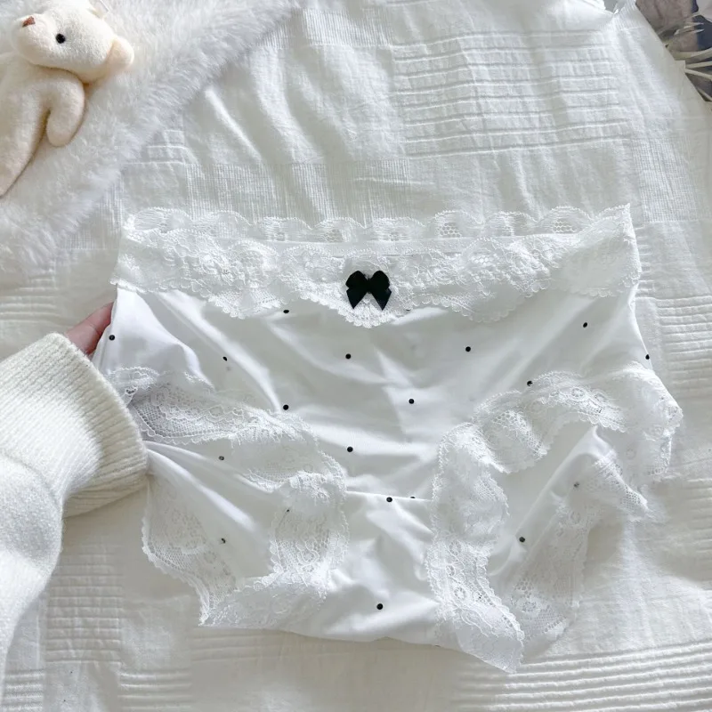 SP&CITY Summer Vintage Dots Lace Sweet Panties Women's Mid Waist Cotton Crotch Ice Silk Breathable Underwear Seamless Briefs