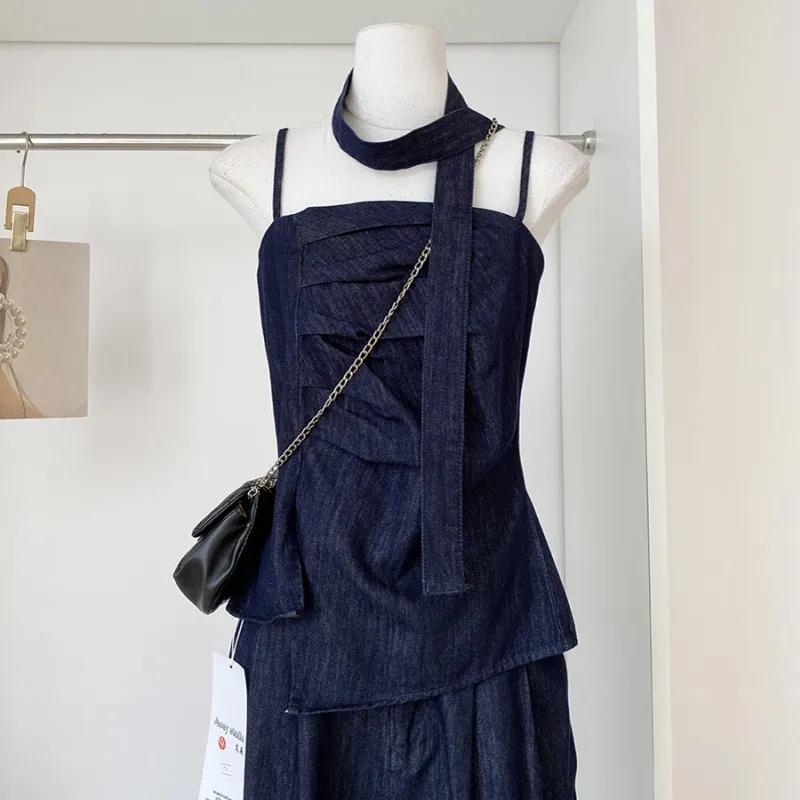 2025 Vest Jeans Set For Women Sleveless Tube Tops High Waist Pocket Denim Pants Suit Female 2025 Spring Summer Lady Bodysuit