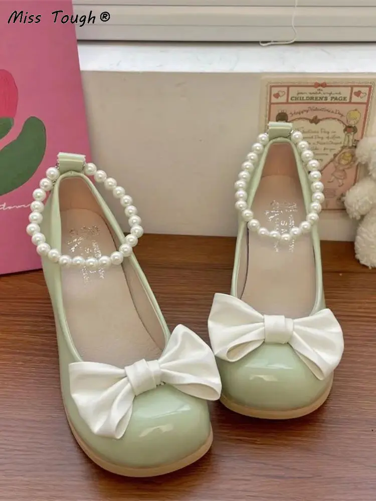 Autumn Fairy Sweet Medium Heels Shoes Women Korean Style Bow Elegant Mary Janes Shoes Ladies Beaded Solid Casual Sandals 2022