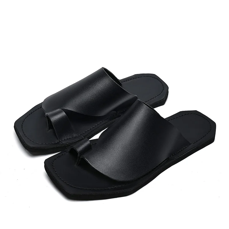 Men's Slippers Quality Leather Casual Slippers Non Slip Beach Slippers Summer Open-toe Pinch Toe Cool Slipper Sandalias Hombre
