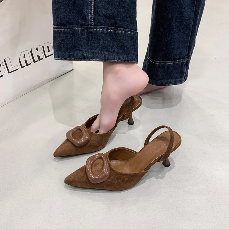 

French Pointed Toe Square Buckle One-belt Sandals for Women 2026 New Spring and Summer High-heeled Baotou Slippers