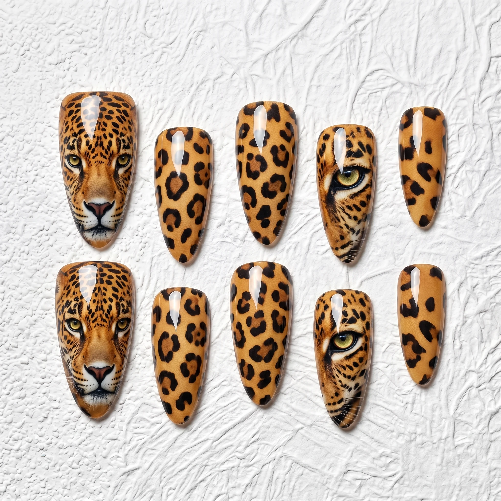 Artisan Handcrafted 10PCS Jaguar Wildlife Almond Press-On Nails | Realistic Face & Eye Prints, Leopard Spots, Glossy Finish, Par