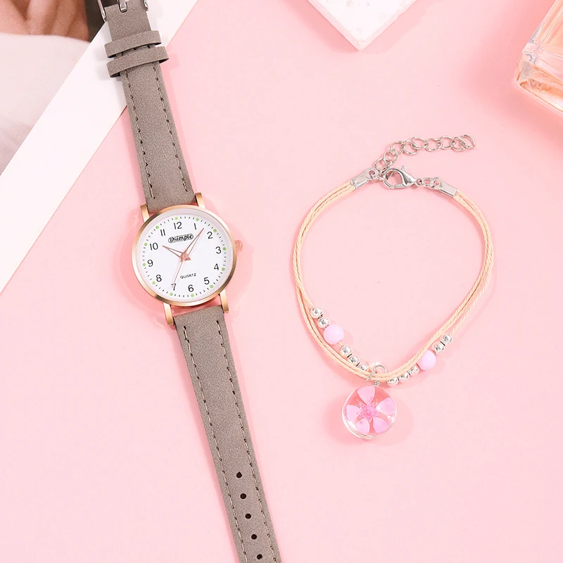 2PCS Women Watches Bracelet Set Girls Gift Fashion Leather Quartz Watch Student Trendy with Bracelet for Womens Reloj Mujer