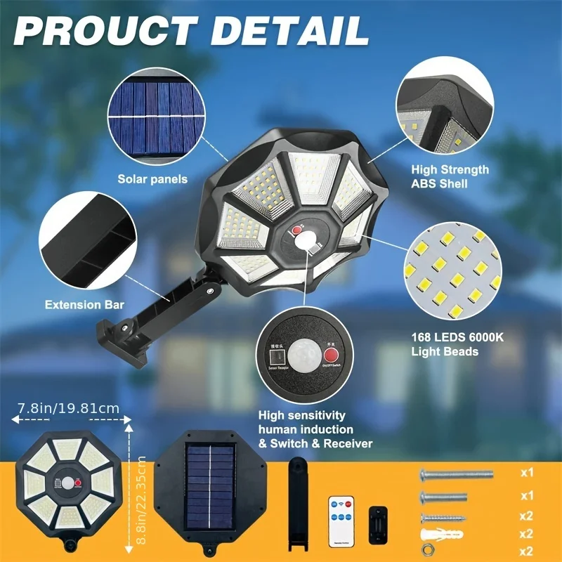 2PCS Solar Lights Motion Sensor with Remote 168LED Solar Street Lights 3 Modes Waterproof Outdoor Garden Lamp for Patio Garage