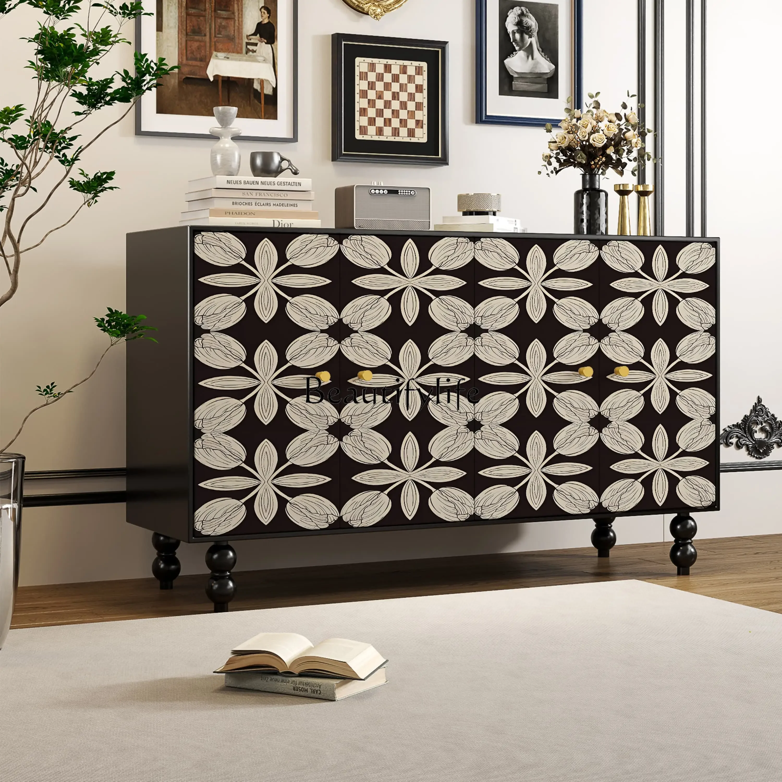 

ls 18All solid wood medieval French painting art solid wood entrance cabinet living room B & B side cabinet