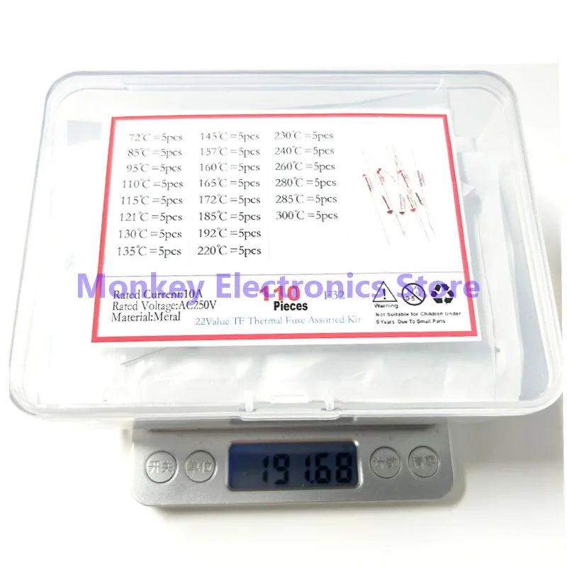 110pcs Fused Thermal Cutoffs TF Overheat Protection 72℃~300℃ 10A/250V Mixed Box 22values*5pcs