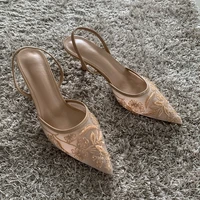 Mesh Embroidered Fashion Sandals Women String Bead High Heels Mules Shoes Pointed Toe Slingback Slippers Women Zapatos De Mujer