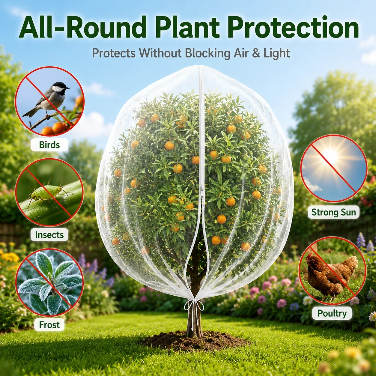 Extra Thick Garden Plant Protection Net with Zipper Drawstring, PE Insect Bird Netting Cover for Fruit Trees Citrus Flowers