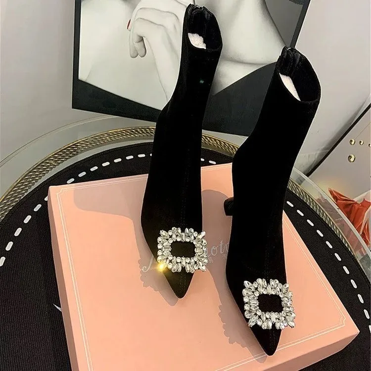 

Autumn New Thin Heel Single Boots Women's Fashion Pointed Rhinester Buckle Suede Temperament Short Boots