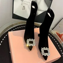 Autumn New Thin Heel Single Boots Women's Fashion Pointed Rhinester Buckle Suede Temperament Short Boots
