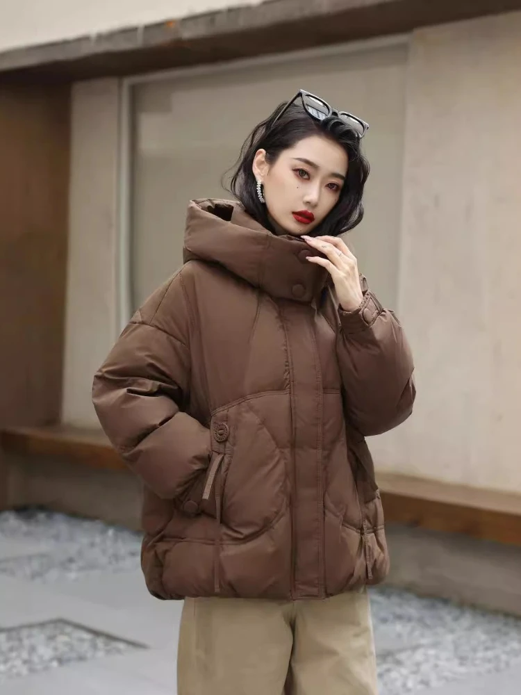 여성 후드 푸퍼 재킷 2025 신상 겨울 90% 화이트 덕다운 코트 두꺼운 따뜻한 숏 파카 여성 캐주얼 오버코트 아우터