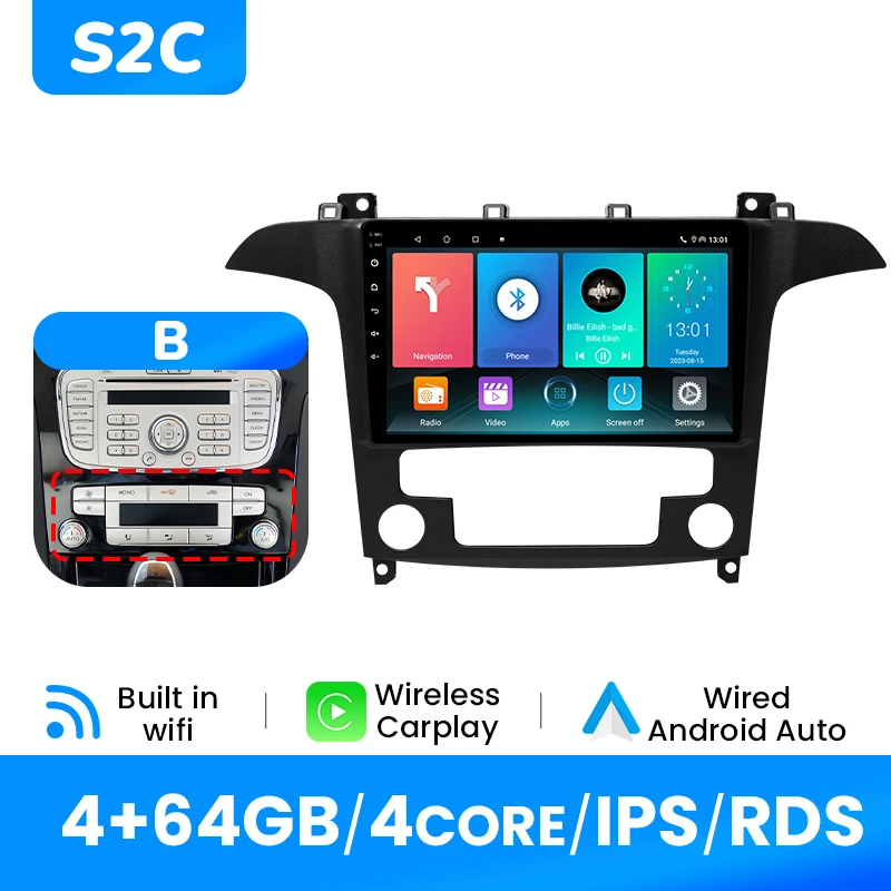 Draadloze Carplay Autoradio Speler Voor Ford S-Max 2007-2015 Android14 Auto 4G Wifi Multimedia GPS DSP 1280*720 IPS Scherm Geen 2Din