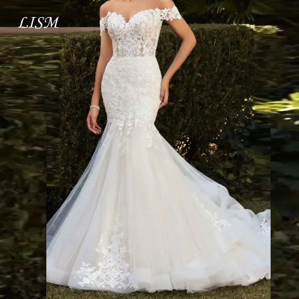 LISM Personalizzato Nuovo Pastrol Abiti da sposa con spalle scoperte Sweetheat Neck Abiti da sposa Tulle Sirena Appliques Illusion Sweep