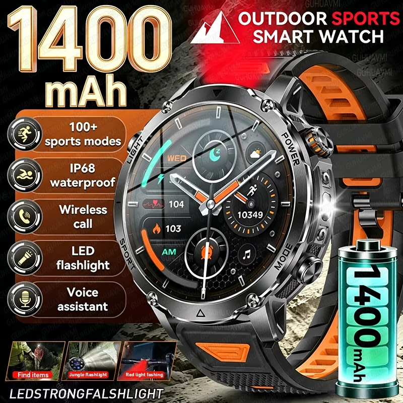 2026 Military 1400mAh Battery Smart Watch Men Outdoor SOS Flashlight IP68K Waterproof Heart Rate Bluetooth Call Sports Bracelets
