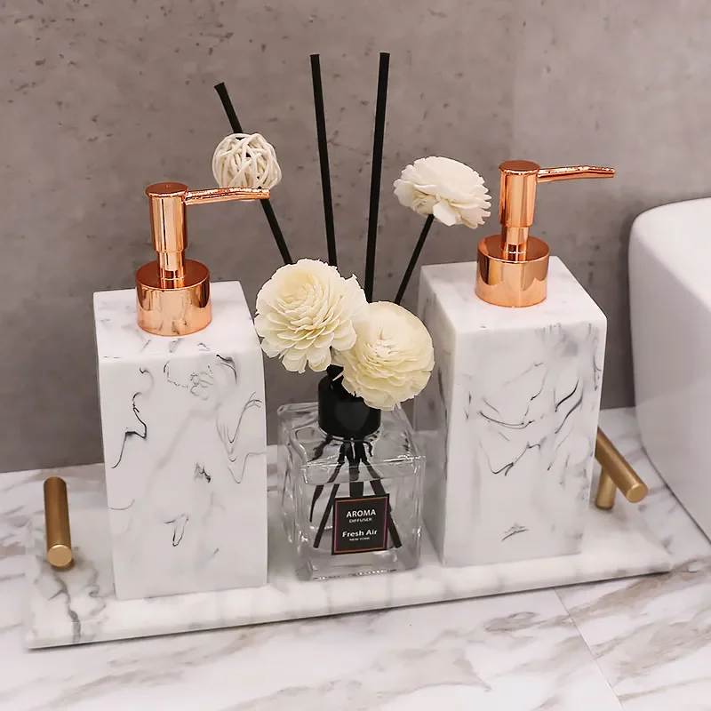 Luxury Bathroom Kit-White Marble Texture Resin Set-Storage Tray With Handle-Toothbrush Holder-Soap Dish-Cotton Swab Box