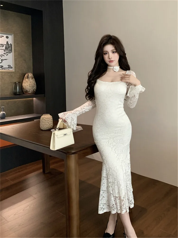 

White Lace Fishtail Dress For Women's Autumn And Winter New Hollow Out Socialite Waist Cinched Long Sleeved Dress