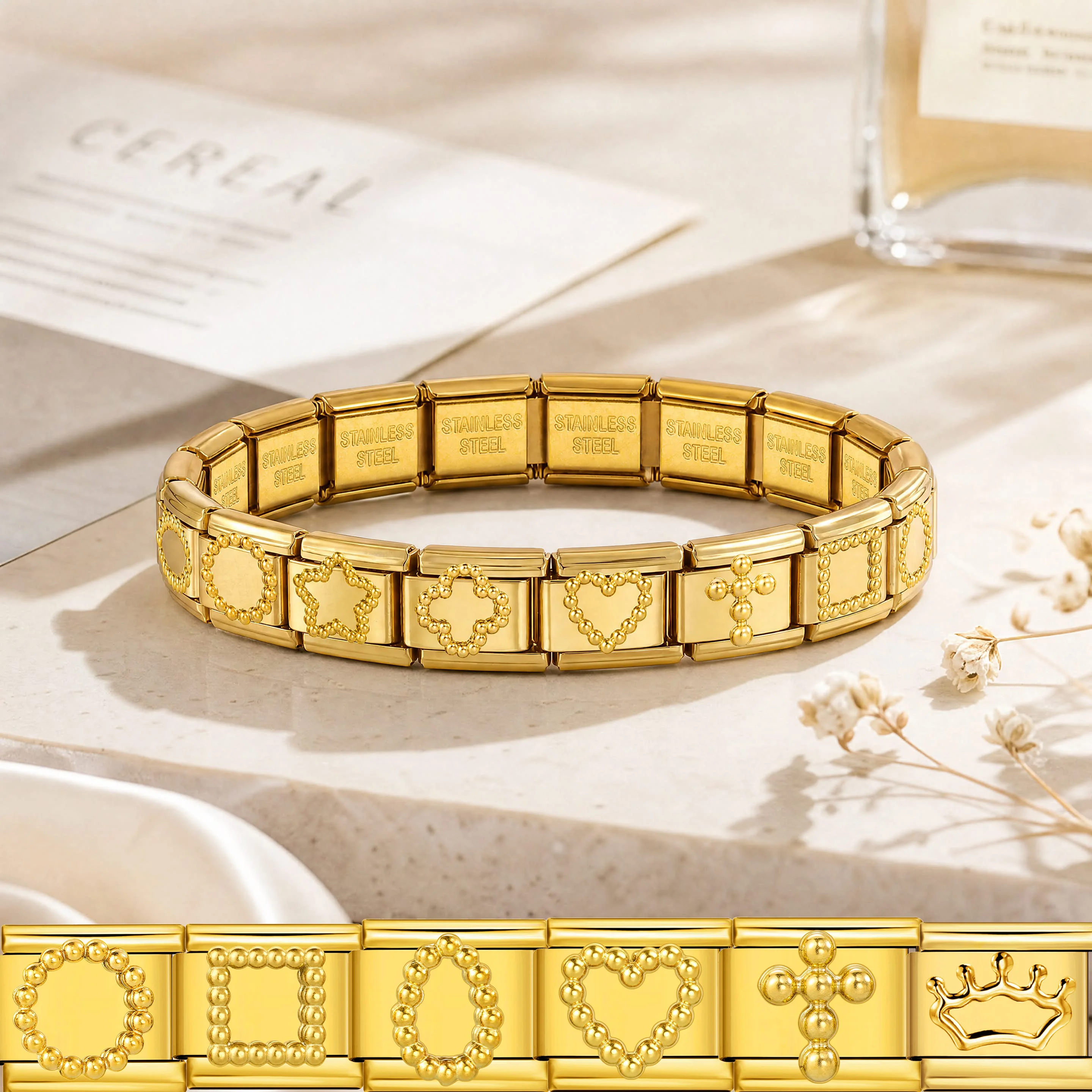 Gold Bead Frame Rectangle Heart Shape Gold Plated Stainless Steel Italian Charm Link Fit 9mm Bracelet Making Jewelry Accessories