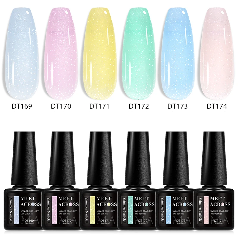 MEET ACROSS 7ml Shimmer Gel Nail Polish Glitter Macaron Candy Nail Art Gel Varinish Summer Semi Permanent  Manicure For Nails