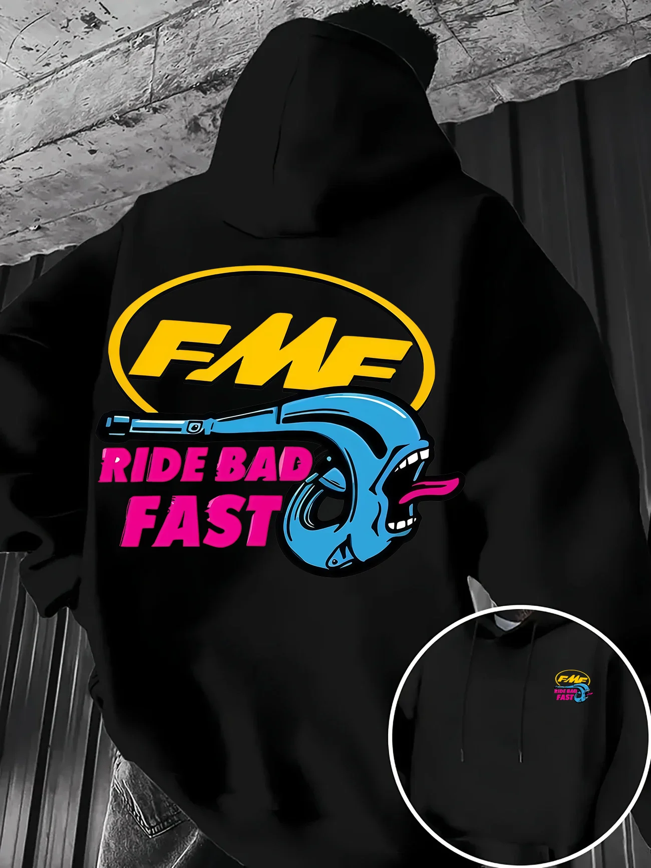 Image of Lässiger Retro FMF Auspuff Logo Ride Bad Fast Grafik-Hoodie für Herren, Offroad-Motocross-Print Fleece-Pullover, Street-Kapuzen-Sweatshirt