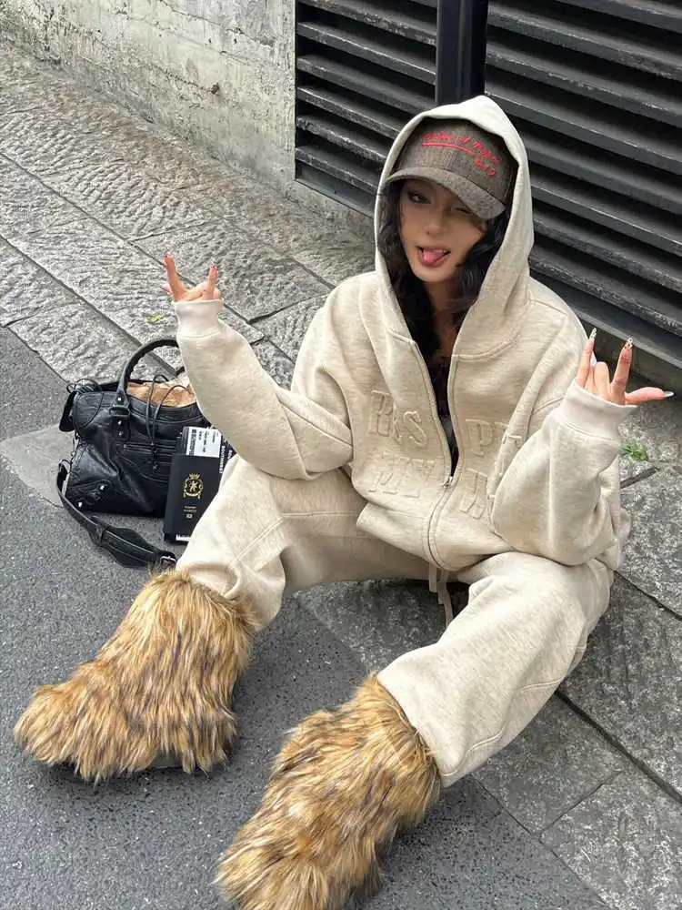 Retro Casual Sportswear Set, Women'S Autumn And Winter Loose Hooded Sweatshirt With Wide Leg Pants Two-Piece Set