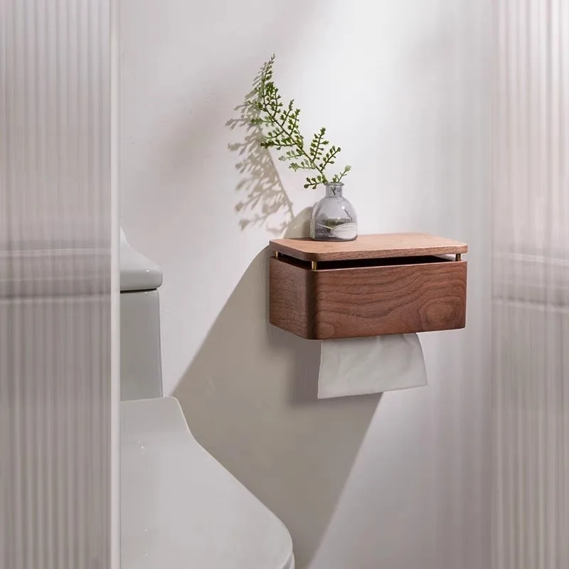 Wall-mounted tissue box Hotel bathroom tissue holder Wall-mounted walnut bathroom roll box