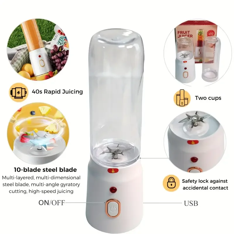 1 Juego de taza de jugo con carga USB, exprimidor multifuncional para reponer tazas de alimentos, control de botón, adecuado para batidos de frutas