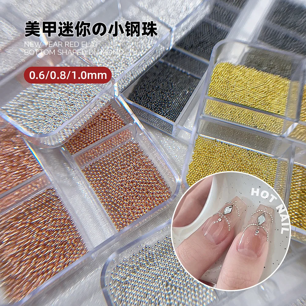 6 Grids Mix Sizes Tiny Micro Steel Ball Cavairs Beads Nail Art Rhinestones Decorations Gold Silver Metal Manicure DIY Materials