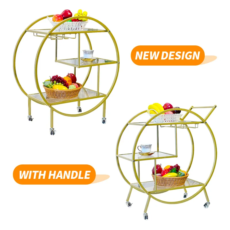 High Quality Drink Trolley Hand Carved Gold Coated Circle Design Glass Bar Trucks