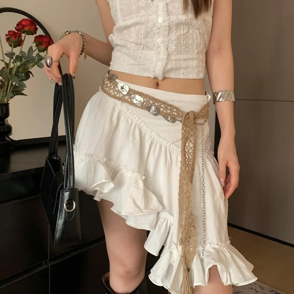 العرقية نمط البوهيمي نمط حزام طويل ربط القطن والكتان المنسوجة حزام الخصر حبل شرابة الفضة يترك الخصر سلسلة