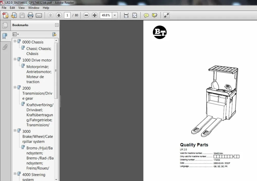 BT Riders and Handtrucks and Walkie Forklift Parts Catalog