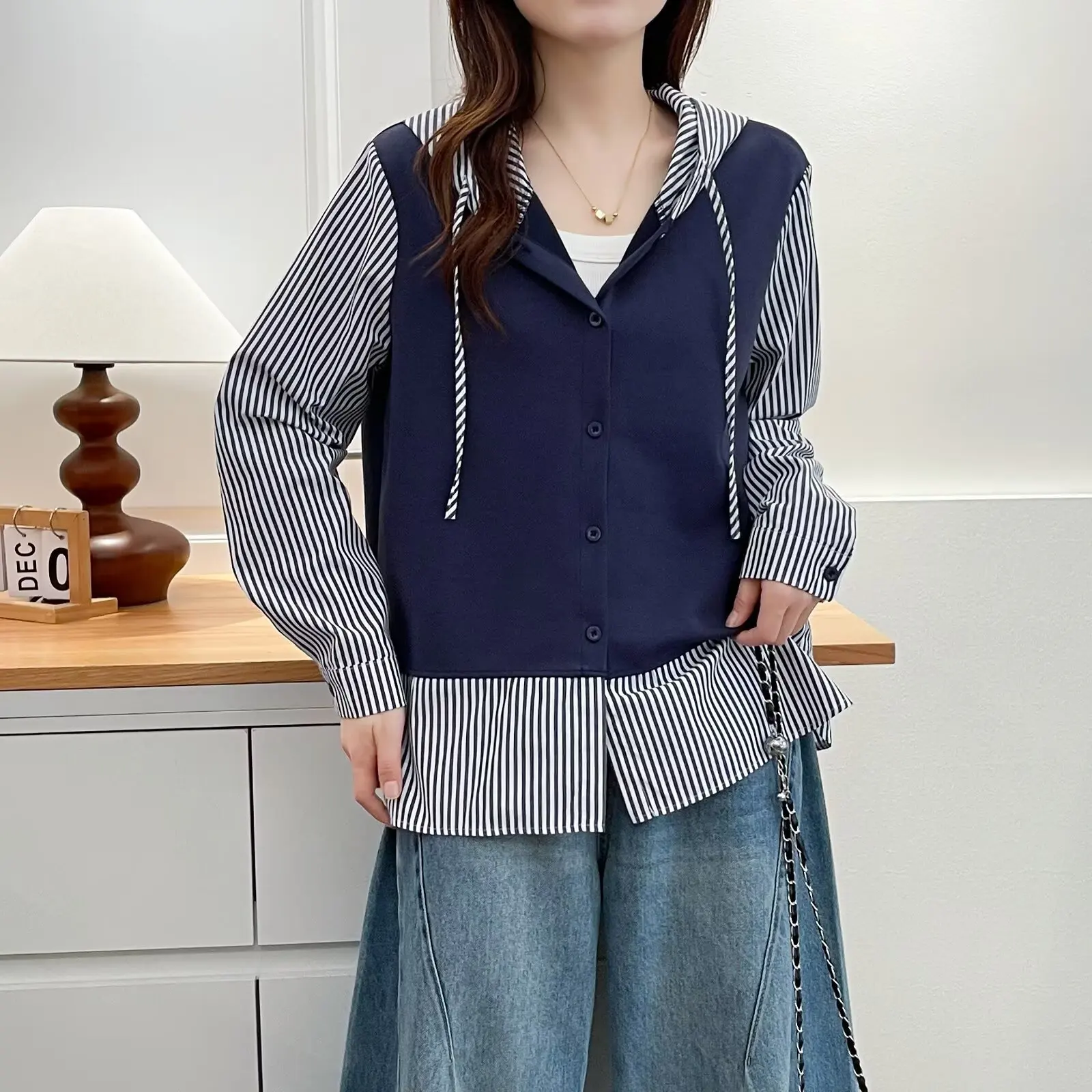 

XXXXL Fashion Plus Size Women's Blouses New Autumn Casual Striped Hooded Shirt Stylish Top 2541