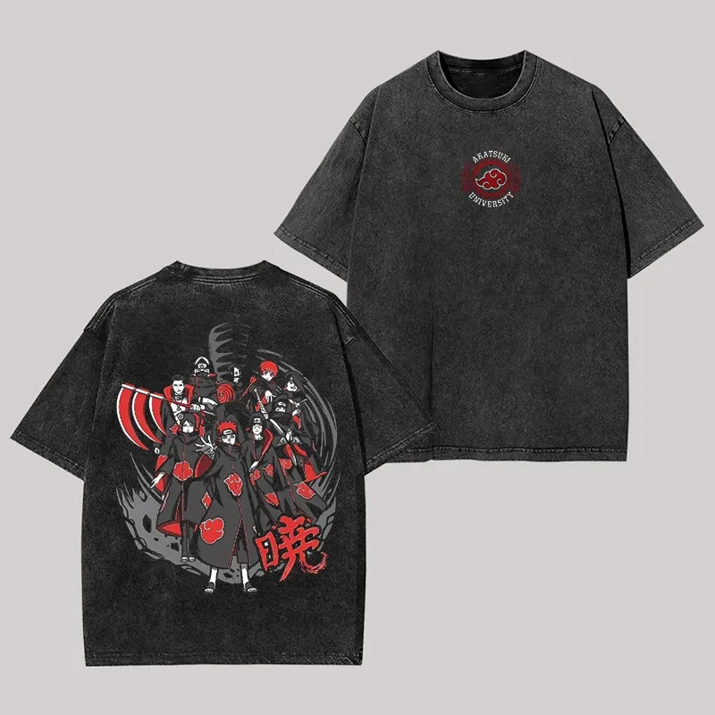 Akatsuki Universitäts-T-Shirt Naruto Manga Tee Vintage Washed Oversized Retro Anime Harajuku Streetwear Herren Grafik-Oberteil