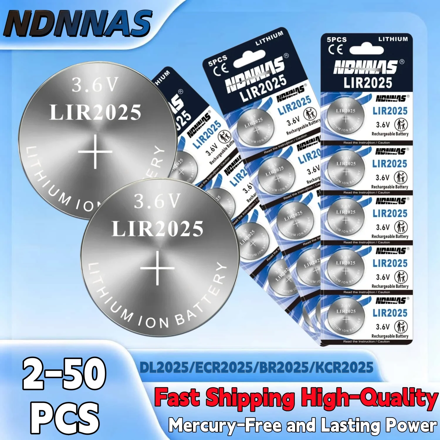 2-50 LIR2025 3.7V Rechargeable Coin Cell Battery Button Batteries for CR2025 DL2025 Replacement Car Key Watch Remote Electronics