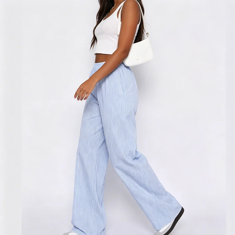 Vertical Stripe Wide Leg Trousers for Women Pink White Elastic Waist Lounge Summer Vacation Chic Elegant