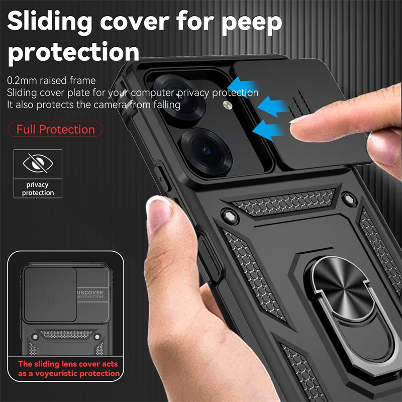 For Xiaomi Redmi 13C Case Slide Lens Protect Shockproof Armor Phone Cases For Xiaomi Redmi 13C 13 C Redmi13C Ring Holder Cover