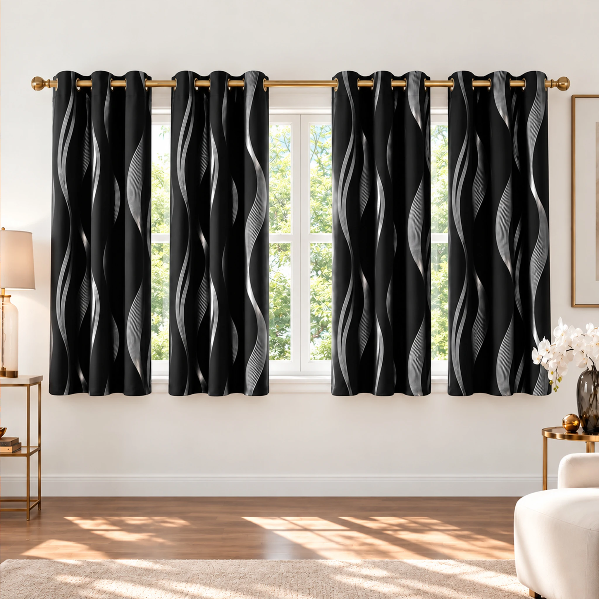 4 Panels Black Silver Foil Blackout Curtains 100% Blackout Thermal Insulated Noise Reducing Window Drapes with Black Coated Backing