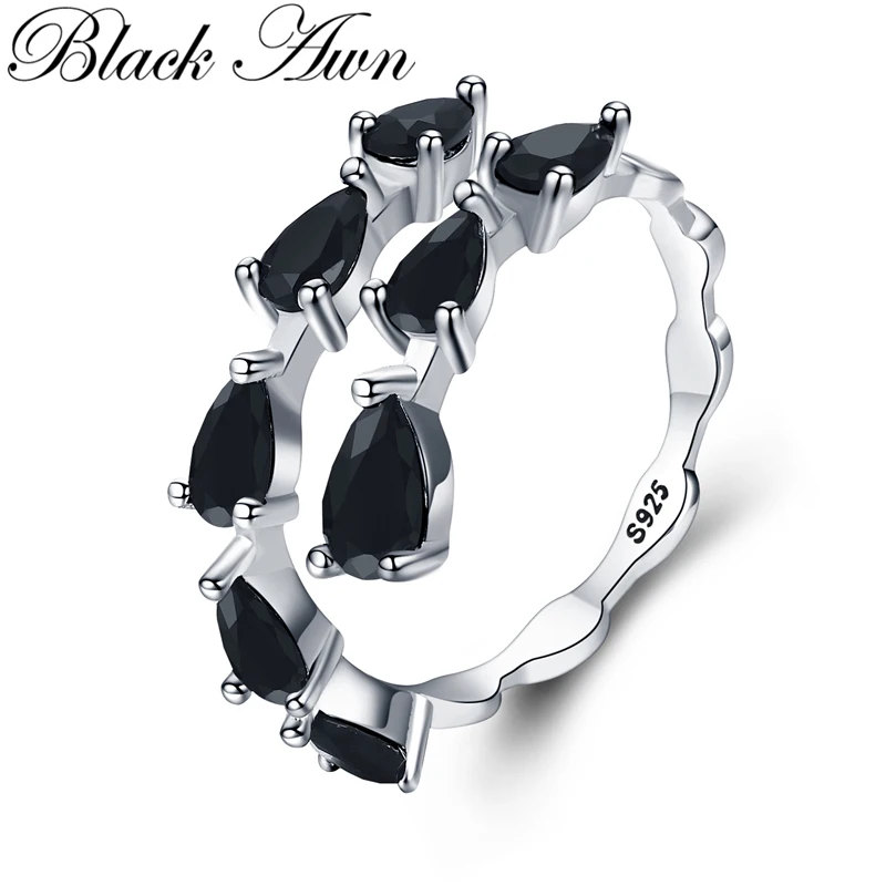 [BLACK AWN] Cute Silver Color Jewelry Black Spinel Elegant Wedding Rings for Women Open Finger Ring G062