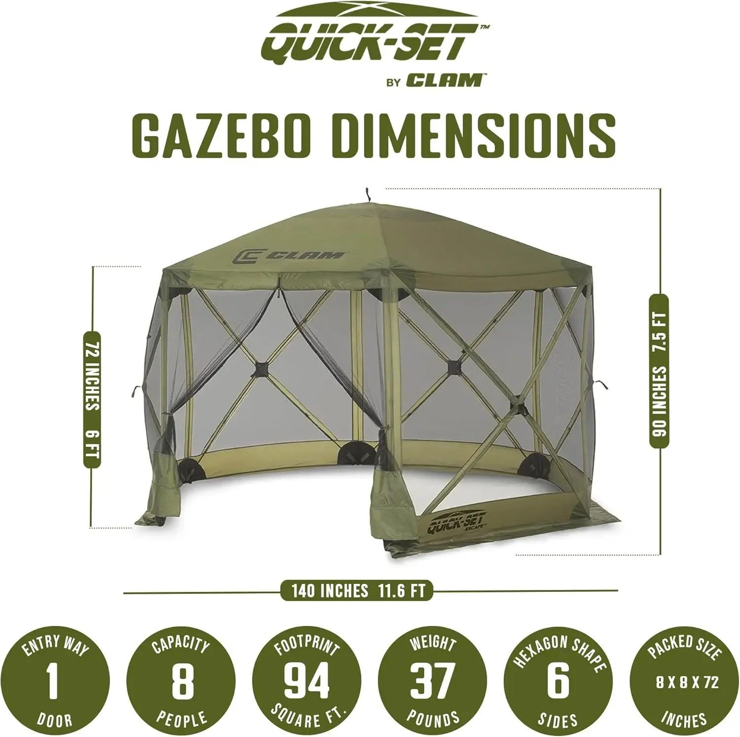 CLAM Quick-Set Escape 11.5 x 11.5 Ft Portable Pop-Up Outdoor Camping Screen Tent 6-Sided Canopy Shelter w/ Netting, Ground